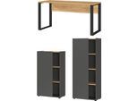 Büromöbel-Set GERMANIA "Adrano", schwarz (navarra, eiche, nachbildung, schwarz), B:302cm H:145cm T:90cm, Arbeitsmöbel-Sets, Büromöbel-Set, Tür schließt nur 2/3 des Schranks
