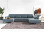 Wohnlandschaft SIT & MORE "Coco U-Form", blau (blau, grau), B:382cm H:88cm T:242cm, 100% Polyester, Sofas, Wohnlandschaft, Sitztiefen-, Arm- und Kopfteilverstellung, Cord-Bezug, Fußhöhe 15 cm