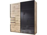 Schwebetürenschrank WIMEX "Oldenburg, Kleiderschrank mit Glaselementen in schwarz, 3 Schubladen", grau (artisan eiche nachbildung, glas grau), B:180cm H:198cm T:64cm, Holzwerkstoff, Schränke, Schwebetürenschrank, mit Glaselementen