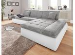 Ecksofa DOMO COLLECTION "PB MORIC wahlweise mit Bettfunktion + Armteilverstellung, L-Form", weiß (weiß, weiß, grau, grau), B:300cm H:80cm T:172cm, Kunstleder SOFTLUX / Struktur (90% Polyester, 10% Polyacryl);Zierkissen: Struktur (90% Polyester, 10% Polyacryl);Microfaser PRIMABELLE (100% Polyester) / Struktur (90% Polyester, 10% Polyacryl), Sofas, Ecksofa, im XXL-Format, B/T/H:300/172/80 cm, feine
