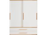 Kleiderschrank PAIDI "YOLANDA in Weiß mit Eiche-Dekor, 2 Schiebetüren und 2 Schubladen", weiß (kreideweiß, eiche, montana), B:164cm H:206,8cm T:62cm, Schränke, Kleiderschrank, inkl. Kleiderstangen und Einlegeböden, Massivholz-Griffe, Soft-Close