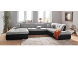 Wohnlandschaft DOMO COLLECTION "PB MORIC wahlweise mit Bettfunktion und Armteilverstellung U-Form", schwarz (schwarz, weiß, grau, grau), B:353cm H:80cm T:95cm, Zierkissen: Struktur (90% Polyester, 10% Polyacryl);Microfaser PRIMABELLE (100% Polyester) / Struktur (90% Polyester, 10% Polyacryl);Kunstleder SOFTLUX / Struktur (90% Polyester, 10% Polyacryl), Sofas, Wohnlandschaft, XXL-Format B/T/H: 353/