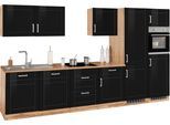 Küchenzeile KOCHSTATION "KS-Tinnum", schwarz (küche: schwarz, korpus: wotaneichefarben, arbeitsplatte: wotaneichefarben), B:360cm T:60cm, Komplettküchen-Sets, Küchenzeile, ohne E-Geräte, Breite 360 cm