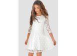Jerseykleid KIDSWORLD "- Spitzenkleid", Mädchen, Gr. 164/170, N-Gr, beige (natur), Spitze, Obermaterial: 95% Polyester, 5% Elasthan. Futter: 95% Baumwolle, 5% Elasthan, unifarben, ausgestellt knieumspielend, Rundhals, abgesteppte Kante, Kleider Jerseykleid, festliche Anlässe, knielang, aus Spitze und Jersey, 3/4-Ärmel