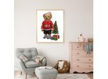 Bild mit Rahmen QUEENCE "Teddy Bär mit Weihnachtsmütze und Geschenken", farbe rahmen: beige, farbe bild(er): rot, B:50cm H:70cm T:1,5cm, Acrylglas, Holzrahmen, Bilder, Bild mit Rahmen, HD Premium Poster-Druck inkl. Echtholzrahmen in beige
