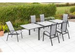 Garten-Essgruppe MERXX "Marini", grau, B:57cm H:110cm T:73cm, Aluminium, Polyester, Sitzmöbel-Sets, Garten-Essgruppe, 6 Klappsessel mit ausziehbarem Tisch