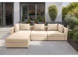 3-Sitzer DOMO COLLECTION "Solskin, individuell erweiterbar/kombinierbar", beige, B:312cm H:80cm T:96cm, 100% solution dyed Acryl, Sofas, 3-Sitzer, mit losen Kissen. Rücken- und Seitenteile als Stecksystem.