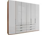 Falttürenschrank WIEMANN "Monaco, Kleiderschrank, Schrank, Wäscheschrank, mit edler Glasfront", braun (bianco, eiche, nachbildung, glas weiß), B:246,9cm H:236cm T:58cm, Floatglas, Holzwerkstoff, Schränke, Falttürenschrank, inkl. gepämpften Schubkästen und Türen, mit Panoramaöffnung