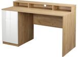 Schreibtisch OTTO HOME "Lund", weiß (eichefarben, weiß hochglanz, eichefarben, eichefarben), B:140cm H:75,7cm T:60cm, Tische, Schreibtisch, Monitoraufsatz, Hochglanzfronten, Breite 140 cm