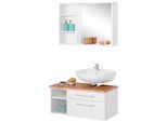 Badmöbel-Set WELLTIME "Davos", weiß, Siphonausschnitt rechts, Holzwerkstoff, Kastenmöbel-Sets, Badmöbel-Set, Spiegel inklusive Beleuchtung, Regal und Waschplatz