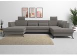 Wohnlandschaft SIT & MORE "Olsen U-Form", grau (hellgrau), B:335cm H:88cm T:201cm, 100% Polyester, Sofas, Wohnlandschaft, inklusive Sitztiefenverstellung, wahlweise mit Bettfunktion, 15cm hoch