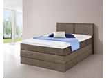 Boxspringbett HAPO, braun (hellbraun, strukturstoff), Liegefläche B/L: 140cm x 200cm, kein Härtegrad, 7-Zonen-Kaltschaummatratze, Kopfteil, seitliche Unterbox und Obermatratze sind mit pflegeleichtem Feinstrukturstoff in Leinenoptik (100% Polyester) oder Kunstleder bezogen;Die Oberseite der Unterfederung und die Ober- und Unterseite der Obermatratze sind jeweils mit einem rutschhemmenden Stoff aus