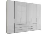 Falttürenschrank WIEMANN "Monaco, Kleiderschrank, Schrank, Wäscheschrank, mit edler Glasfront", weiß (weiß, glas weiß), B:295,3cm H:236cm T:58cm, Floatglas, Holzwerkstoff, Schränke, Falttürenschrank, inkl. gepämpften Schubkästen und Türen, mit Panoramaöffnung
