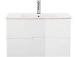 Waschtisch WELLTIME "Lund Badezimmerschrank Unterschrank mit Becken", weiß (eiche, weiß, natur), B:81cm H:50cm T:46cm, MDF, Waschtische, Waschtisch, Waschplatz mit Waschbecken und 2 Auszügen Breite 80 cm