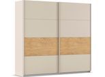 Schwebetürenschrank RAUCH "Kleiderschrank Schrank Garderobe Schlafzimmerschrank MALVA", beige (champagner), B:226cm H:210cm T:62cm, Holzwerkstoff, Schränke, Schwebetürenschrank, Bauchbinde abgesetzt in gebürstetem Eiche Furnier MADE IN GERMANY