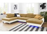 Wohnlandschaft COTTA "Komaris U-Form, B: 320 cm", beige (creme, mustard), B:320cm, Microfaser PRIMABELLE (100% Polyester);Kunstleder SOFTLUX;Feinstruktur (100% Polyester);Kunstleder SOFTLUX/Struktur (100% Polyester);NaturLEDER, Sofas, Wohnlandschaft, mit Kopfteilverstellung, optional Bettfunktion, Bettkasten & Licht