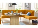 Eckbank EXXPO - SOFA FASHION "Costa, moderne Rückensteppung, bequem und elegant, hoher Holzfuß", gelb (mustard), B:157cm H:92cm T:245cm, Webvelour: 100% Polyester, Sitzbänke, Eckbank, hochwertig verarbeitet, Frei im Raum stellbar