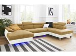 Wohnlandschaft COTTA "Komaris U-Form, B: 320 cm", beige (creme, mustard), B:320cm, Microfaser PRIMABELLE (100% Polyester);Kunstleder SOFTLUX;Feinstruktur (100% Polyester);Kunstleder SOFTLUX/Struktur (100% Polyester);NaturLEDER, Sofas, Wohnlandschaft, mit Kopfteilverstellung, optional Bettfunktion, Bettkasten & Licht