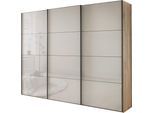 Schwebetürenschrank WIEMANN "Phoenix, Made in Germany, modernes Design, Highlight, Blickfang", beige (bianco, eiche, nachbildung), B:246cm H:236cm T:67cm, Schränke, Schwebetürenschrank, maximaler Staurraum, inkl.Einlegeböden, Wäscheböden u. Dämpfer