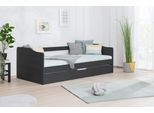 Funktionsbett TICAA "Melinda, Daybett, Jugendbett, 2 Schlafplätze, Schublade auf Rollen", grau (kiefer massiv anthrazit), B:96cm L:204cm, Kunststoffrollen, Daybetten, Funktionsbett, FSC-zertifizierte Kiefer, 2 Rollroste, Massivholz