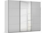 Schwebetürenschrank RAUCH "Kleiderschrank Schrank Garderobe Schlafzimmerschrank SCALE-FYRA", grau (seidengrau, glas seidengrau, griffleisten chrom), B:271cm H:223cm T:68cm, Holzwerkstoff, Schränke, Schwebetürenschrank, edle viergeteilte Türen Spiegel/Glas-Mix viele Farben MADE IN GERMANY