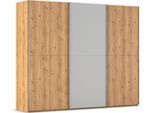 Schwebetürenschrank RAUCH "Kleiderschrank Schrank Garderobe Schlafzimmerschrank SCALE-WOOD", grau (asteiche massiv, glas seidengrau matt), B:271cm H:223cm T:68cm, Holz teilmassiv, Schränke, Schwebetürenschrank, edle geteilte Front in massiver Asteiche mit Glastüren MADE IN GERMANY