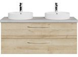 Waschtisch SAPHIR "Serie 4035 zwei Keramik-Aufsatzbecken mit Unterschrank, 118 cm breit", braun (riviera eiche quer nachbildung, riviera eiche quer nachbildung), B:118cm H:61,2cm T:44,5cm, Holzwerkstoff, Waschtische, Waschtisch, Waschplatz, 2 Schubladen, inkl. Schubladendämpfer, Griffe Chrom Glanz