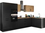 Winkelküche BASIC BY BALCULINA "Turin", schwarz (küche: schwarz, korpus: schwarz matt woodprint, arbeitsplatte: artisan eichefarben), B:340cm H:211cm T:60cm, Komplettküchen-Sets, Winkelküche, Stellbreite 340x175 cm, wahlweise mit E-Geräten