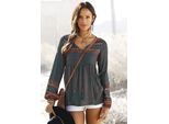 Schlupfbluse BUFFALO, Damen, Gr. 42, blau (petrol, bedruckt), Web, Obermaterial: 100% Viskose, bedruckt, figurumspielend hüftlang, V-Ausschnitt, mit Gummizug, Blusen Schlupfbluse, mit Ethnodruck und Zierperlen, Boho-Style, Langarmbluse
