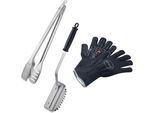 Grillbesteck-Set RÖSLE "BBQ Premium", silber (schwarz, silberfarben), Edelstahl, Kunststoff, Grillbesteck-Sets, Grillbesteck-Set, Grillhandschuhe, BBQ-Grillzange und Reinigungsbürste SlideX