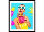 Bild QUEENCE "Jule", bunt (farbe rahmen: schwarz, farbe bild(er): pink, gelb, türkis), B:50cm H:70cm, Acrylglas, Holz, Papier, Bilder, Bild, HD Premium Poster-Druck inkl. Holzrahmen