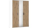 Drehtürenschrank RAUCH "Kleiderschrank Schrank Garderobe Wäscheschrank VOYAGER", weiß (alpinweiß, eiche artisan), B:140cm H:194cm T:53cm, Holzwerkstoff, Schränke, Drehtürenschrank, mit modernen Griffen in Graumetallic und Spiegel