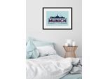 Bild QUEENCE "Welcome Munich", blau (farbe rahmen: schwarz, farbe bild(er): blau), B:50cm H:40cm, Acrylglas, Holz, Papier, Bilder, Bild, HD Premium Poster-Druck inkl. Holzrahmen