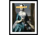 Bild QUEENCE "Ann-Kathrin mit Farbklecks", gelb (farbe rahmen: schwarz, farbe bild(er): gelb, blau), B:40cm H:50cm, Acrylglas, Holz, Papier, Bilder, Bild, HD Premium Poster-Druck inkl. Holzrahmen