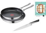 Pfannen-Set TEFAL "Jamie Oliver Cook Smart", grau (edelstahl), B:35,5cm H:15,5cm L:51,3cm Ø:28cm, Pfannen, Pfannen-Set, stilvolle Edelstahl-Pfannen, inkl. Kochmesser, Rezeptbuch