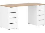 Schreibtisch SCHILDMEYER "Elma, Breite 140 cm", weiß (mattweiß, eiche hellfarben, mattweiß, eiche hellfarben), B:140cm H:73,1cm T:55,5cm, Tische, Schreibtisch, Holzdekor mit fühlbarer Struktur, Metallbeschläge, Teilauszüge
