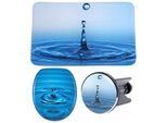 Badaccessoire-Set SANILO "Wassertropfen", blau, Kunststoff, MDF, Polyester, Badaccessoires-Sets, Badaccessoire-Set, bestehend aus WC-Sitz, Badteppich und Waschbeckenstöpsel