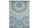 Seitenzugrollo LICHTBLICK ORIGINAL "Rollo Klemmfix, ohne Bohren, blickdicht, Orientalische Muster", blau (blau, grün, weiß), B:120cm H:150cm, Polyester, Rollos, Seitenzugrollo