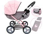Puppenwagen BAYER "Cosy", grau (schmetterling grau, rosa), Puppenwagen, KinderB:34cm H:58cm T:63cm, Kunststoff, Metall, Stoff, Puppenwagen, mit Wickeltasche, B:34cm H:58cm T:63cm
