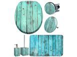 Badaccessoire-Set SANILO "Lumber", blau, türkis, Massivholz, Polyester, Polyresin (Kunststein), Badaccessoires-Sets, bestehend aus WC-Sitz, Badteppich, Stöpsel, Seifenspender, WC-Bürste