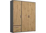 Drehtürenschrank RAUCH "Kleiderschrank Schrank Garderobe Wäscheschrank VOYAGER", grau (graumetallic, eiche artisan, griffe graumetallic), B:140cm H:194cm T:53cm, Holzwerkstoff, Schränke, Drehtürenschrank, mit 2 modernen Griffvarianten, mit Außenschubladen MADE IN GERMANY