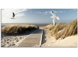 Glasbild ARTLAND "Nordseestrand auf Langeoog mit Möwen", blau (farbe bild(er): blau), B:100cm H:50cm, Bilder, in verschiedenen Größen