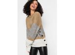 Strickpullover BONPRIX, Damen, Gr. 44/46 (L), beige (beige, hellgrau meliert, weiß), Obermaterial: 76% Polyacryl, 24% Polyester, mehrfarbig, oversize, Rundhals, breiter Bund, Pullover Strickpullover, aus Polyacryl und Polyester, mit Knopfleiste, in Oversize-Passform