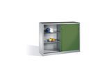 C+P Werkzeug-Beistellschrank mit Schiebetüren, innen 2 x 2 Böden, H1200xB1600xT400mm Front Resedagrün Korpus Lichtgrau ; C + P Möbelsysteme (2147-09|S10023)