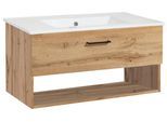 Waschtisch WELLTIME "Trento Light mit Keramik-Auflagebecken", braun (wotaneiche, wotaneiche), B:81cm H:41cm T:47cm, Holzwerkstoff, Keramik, Waschtische, Waschtisch, 1 Auzug und 1 offenes Fach, Breite: 81cm, Wotaneiche
