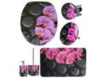 Badaccessoire-Set SANILO "Madeira", lila, schwarz, Massivholz, Polyester, Polyresin (Kunststein), Badaccessoires-Sets, Badaccessoire-Set, bestehend aus WC-Sitz, Badteppich, Stöpsel, Seifenspender, WC-Bürste