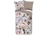 Wendebettwäsche DESCANSO "Colinda", beige (greige), B/L: 155cm x 220cm, 1 Stk., 1 Stk., Renforcé, B/L: 80cm x 80cm, 2 Stk., Renforcé, Obermaterial: 100% Baumwolle, Bettwäsche, Wendebettwäsche, Satin, Reißverschluss, Paspel, Biese, Wendeoptik, Luxe, Blumen, grau