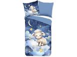 Kinderbettwäsche "Sheepy", blau, B/L: 135cm x 200cm, 1 Stk., 1 Stk., Microfaser, B/L: 80cm x 80cm, 2 Stk., Microfaser, Obermaterial: 100% Polyester, PURE LUXURY COLLECTION, Bettwäsche, Mikrofaser, 135x200, 2 Teilig, Wendeoptik, Kind, Schaf, Weltall