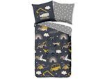 Kinderbettwäsche GOOD MORNING "Rush", grau (anthrazit), B/L: 135cm x 200cm, 1 Stk., 1 Stk., Renforcé, B/L: 80cm x 80cm, 2 Stk., Renforcé, Obermaterial: 100% Baumwolle, Bettwäsche, Baumwolle, Reißverschluss, Wendeoptik, Kind, Junge, Fahrzeuge, Grau