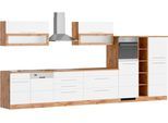 Küchenzeile KOCHSTATION "KS-Wien", weiß (küche: weiß, front: weiß, korpus: wotaneichefarben, arbeitsplatte: wotaneichefarben), B:440cm H:200cm T:60cm, Komplettküchen-Sets, Küchenzeile, Breite 440 cm, wahlweise mit E-Geräten